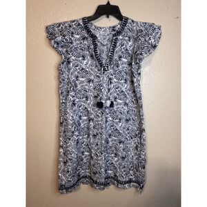 Vineyard Vines Dress Linen Ruffled Sleeve Black/White Floral‎ Embroidery Trim S
